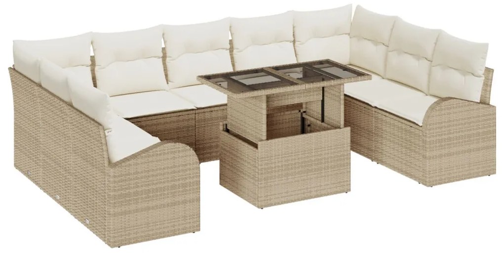 10 darabos kerti sofa készlet párnákkal, bézs, poli rattan