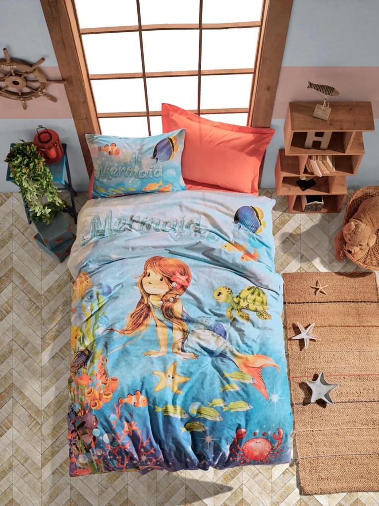 Mermaid Ranforce Young egyszemélyes ágyneműhuzat garnitúra feszített lepedővel, korall