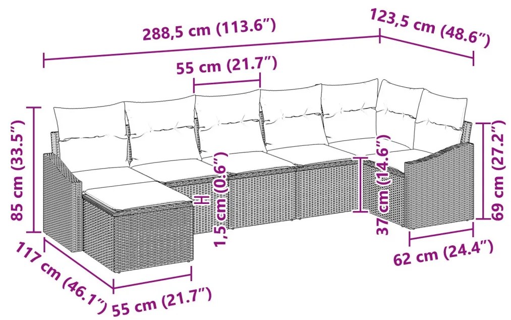 7 darabos kerti kanapészett párnákkal, szürke poli rattan