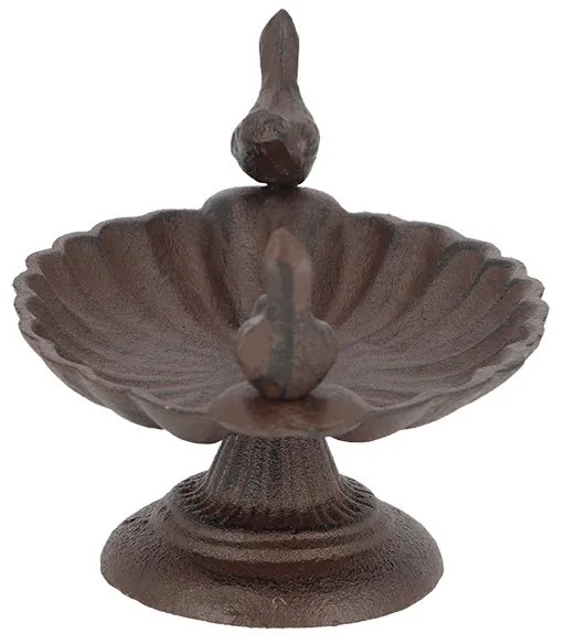 Öntöttvas madáretető és -itató, két kismadárral