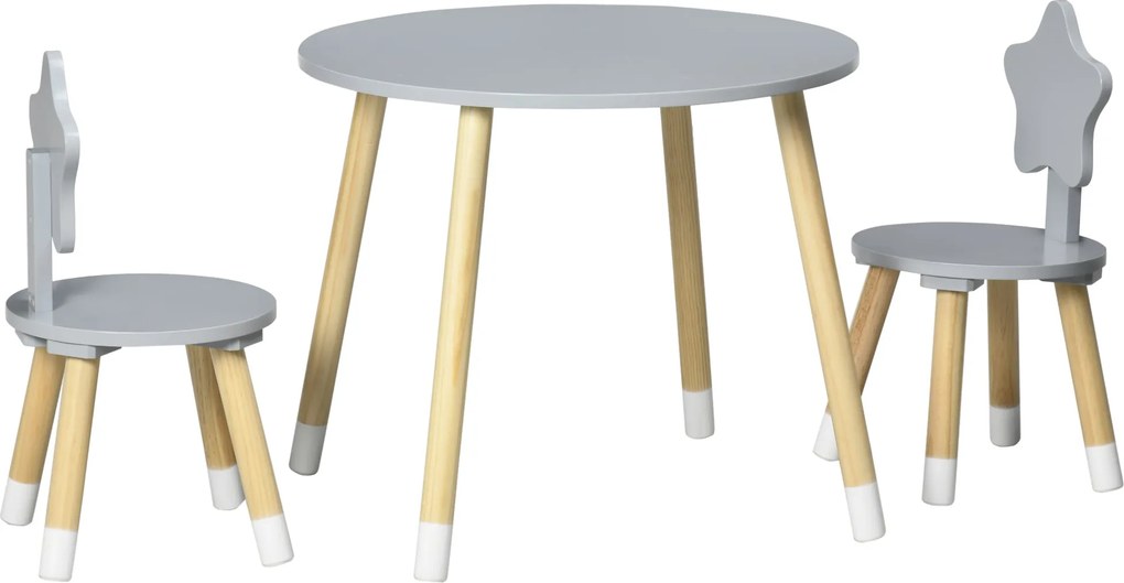 HOMCOM Gyerekfa Asztal és 2 Szék Szett Kerek Asztallal Ø59x50 cm és Székek Ø28x51 cm Gyerekbútordarab Játszószoba és Hálószoba Szürke | Aosom
