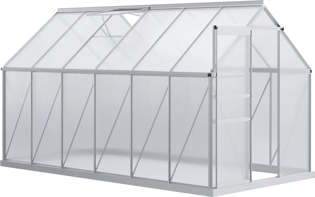 Outsunny Kertiház Polikarbonáttal 7,1 m² - 1,9L x 3,75W x 1,99H Alapzattal, Állítható Tetőablakkal, Tolóajtóval - Ezüst és Átlátszó | Aosom