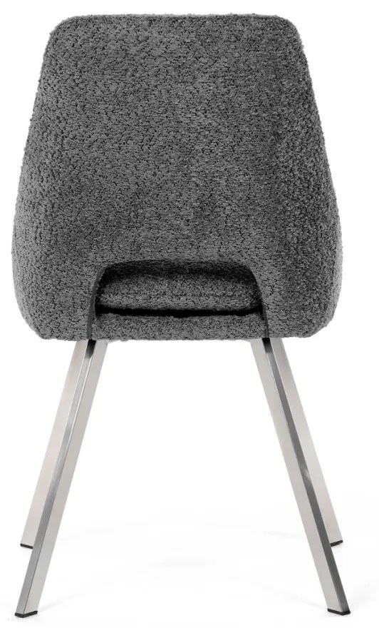 Scaun de sufragerie modern, tapițerie din material gri, picioare metalice, oțel inoxidabil periat.