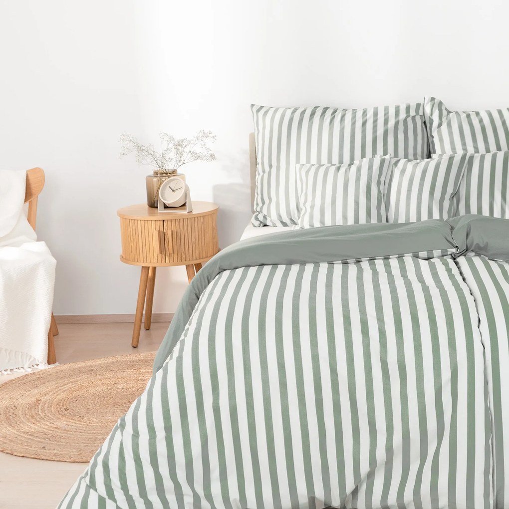 Goldea pamut ágyneműhuzat duo - zsálya színű csíkos, zsálya színű hátoldal 220 x 200 és 2db 70 x 90 cm