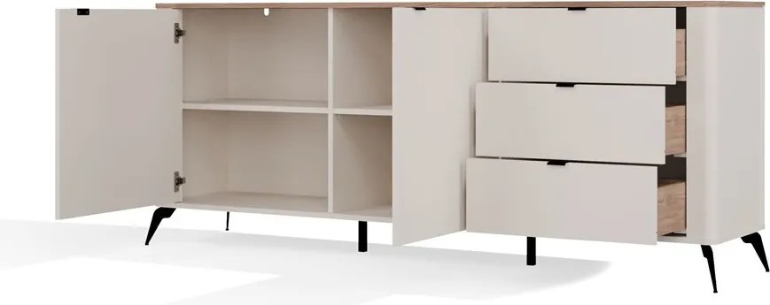 CORDOBA 2D3S komód 183x43x11.5 cm, kasmír, fekete lábakkal, tölgy fedlappal
