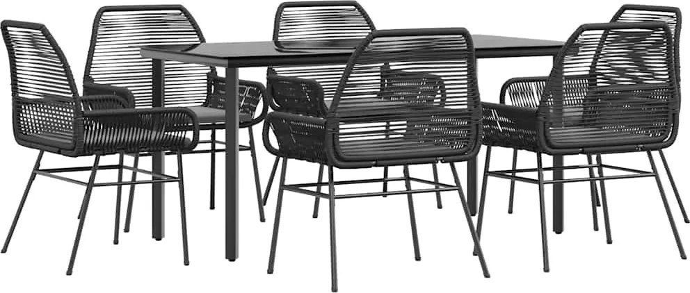 vidaXL 7 részes fekete polyrattan üveg kerti étkezőgarnitúra párnákkal