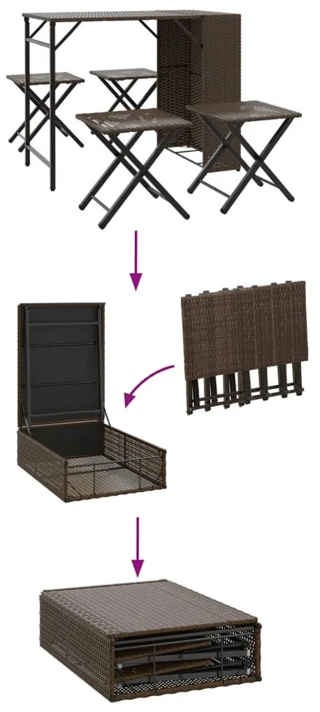 5 részes barna polyrattan összecsukható kerti étkezőgarnitúra