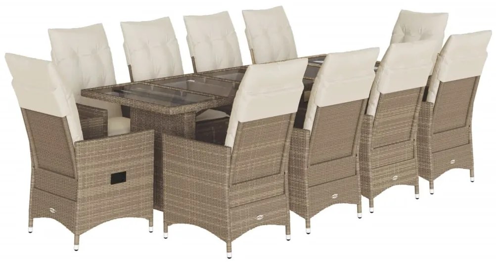 11 részes bézs polyrattan kerti bisztrógarnitúra párnákkal