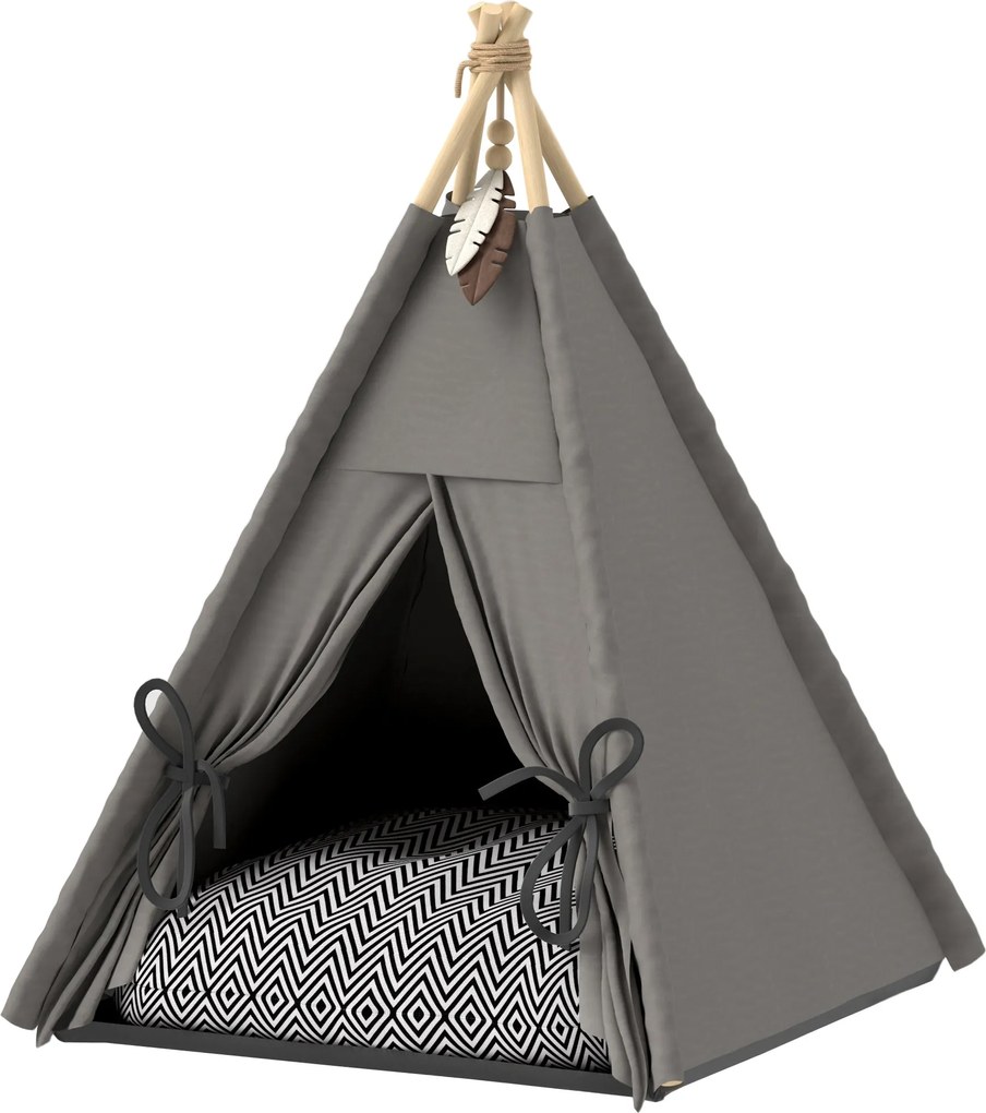 PawHut Tipee sátor kisállatoknak, macska sátor levehető és mosható párnával, macska ház csúszásmentes aljúval, játék labdával, 5 kg alatti macskáknak,