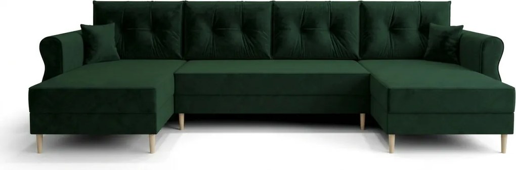 Ágyazható U alakú kanapé SILVIANO 300x140 cm, sötétzöld színű + 2 db díszpárna INGYEN