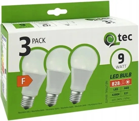 Led izzó Qtec 9W A60 E27 4200K 828lm 3pack