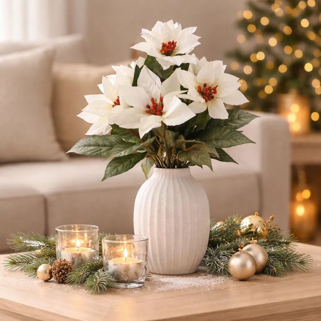 Mesterséges csokor karácsonyi rózsa, fehér, 43 cm