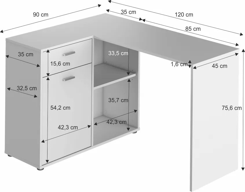 Sarok PC asztal, fehér, KALIMERO