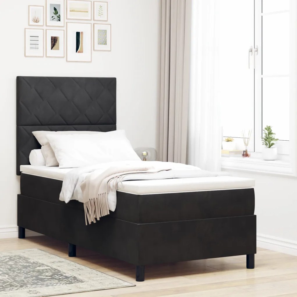 Boxspring Ágy Matraccal és LED Fekete 90x190 cm Bársonyos