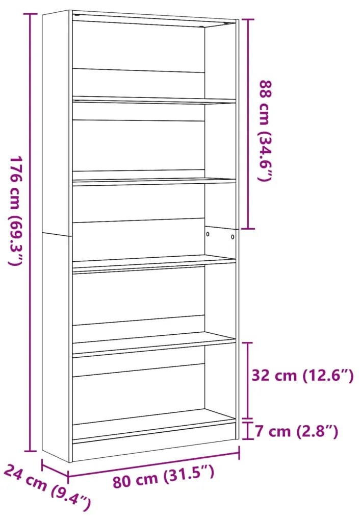 füstös tölgy színű szerelt fa könyvszekrény 80 x 24 x 176 cm