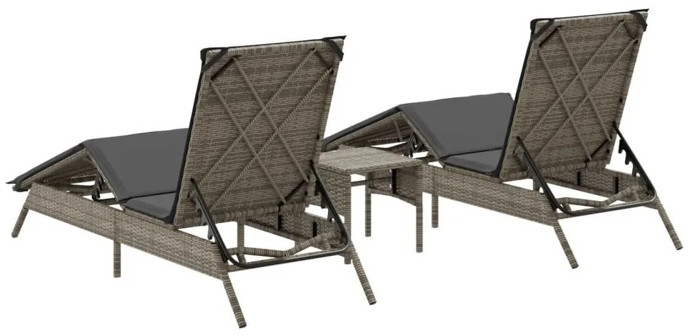 2 db szürke polyrattan napozóágy asztallal