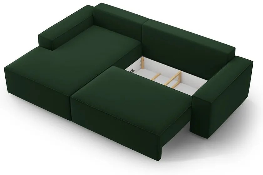 Sötétzöld bársony kinyitható-tárolóhelyes sarokkanapé (bal oldali-heverő résszel) Jodie – Micadoni