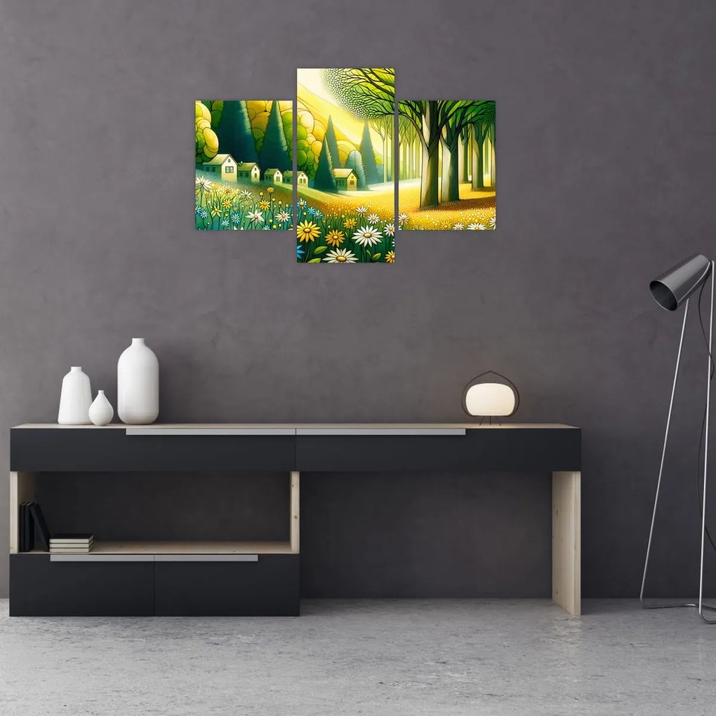 Kép - Falu sárga-zöld színekben (90x60 cm)