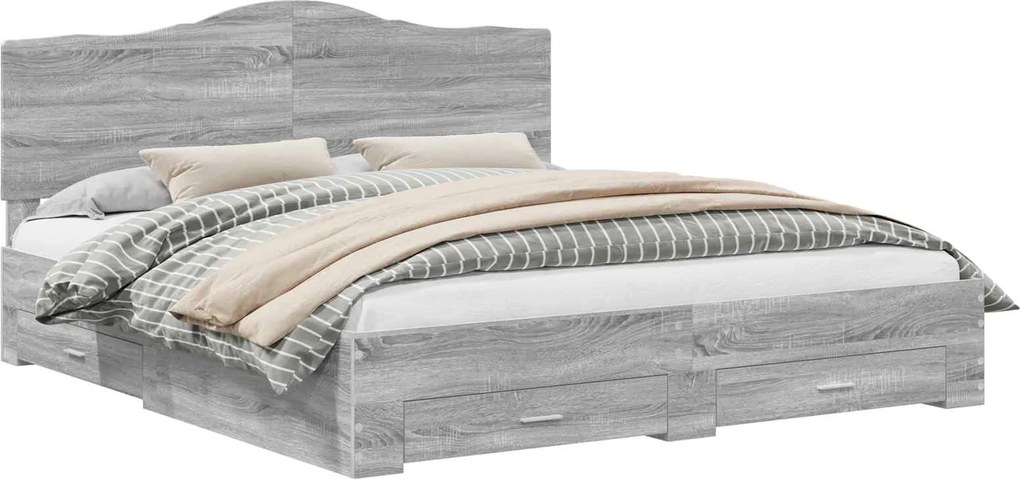 vidaXL Ágykeret fejtámlával fiókkal Szürke Sonoma 200 x 200 cm Faanyag