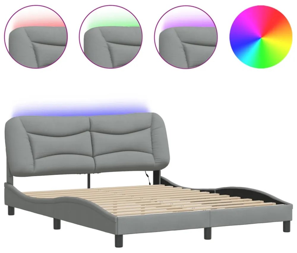 világosszürke szövet ágykeret LED-ekkel matrac nélkül Hvar 160 x 200 cm