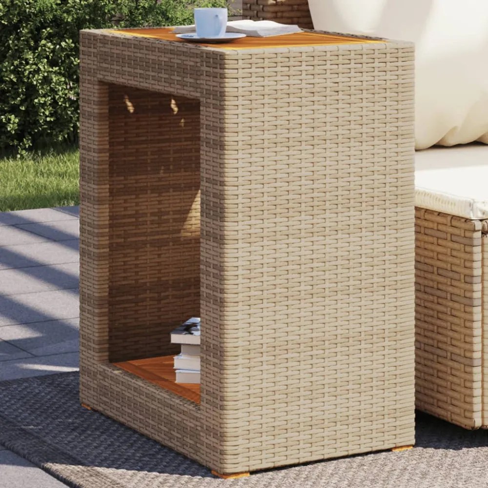 bézs polyrattan kerti kisasztal fa asztallappal 60x40x75 cm