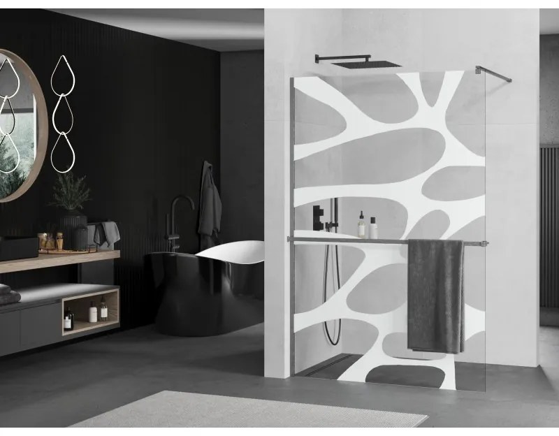 Mexen Kioto+, Walk-In zuhany paraván polccal és akasztóval 80 x 200 cm, 8 mm átlátszó üveg fehér mintás, grafit profil, 800-080-121-66-97