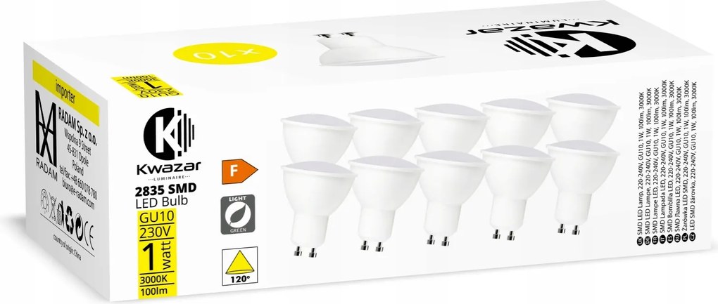 10x Led izzó Smd GU10 1W=15W 100lm 3000K meleg szín