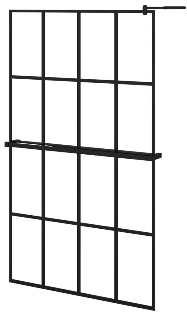 Fekete ESG üveg és alumínium zuhanyfal polccal 118 x 190 cm