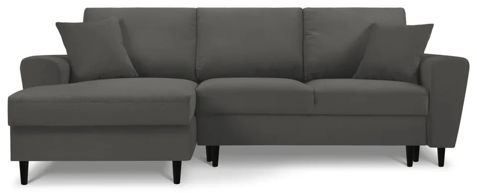 Sötétszürke kordbársony kinyitható tárolóhelyes sarokkanapé (bal oldali-heverő résszel) Kyoto – Cosmopolitan Design