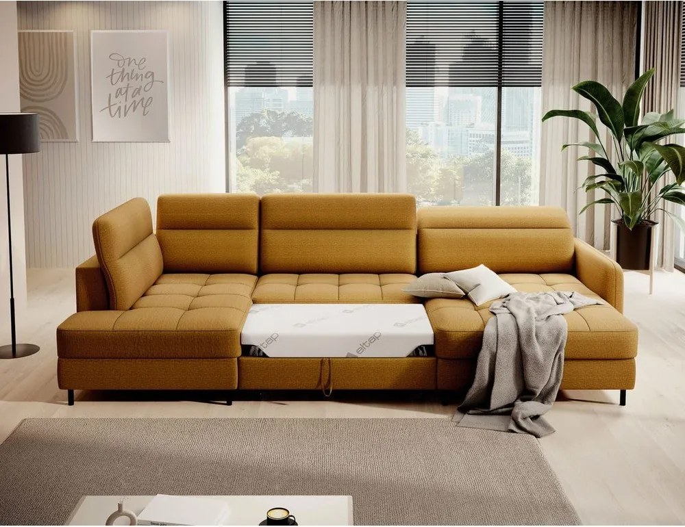 Sárga bársony kinyitható-tárolóhelyes sarokkanapé (bal oldali-U alakú) Berrto – ELTAP