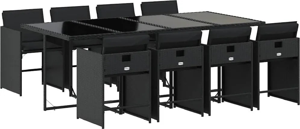 vidaXL 9 részes fekete polyrattan kerti étkezőgarnitúra párnákkal