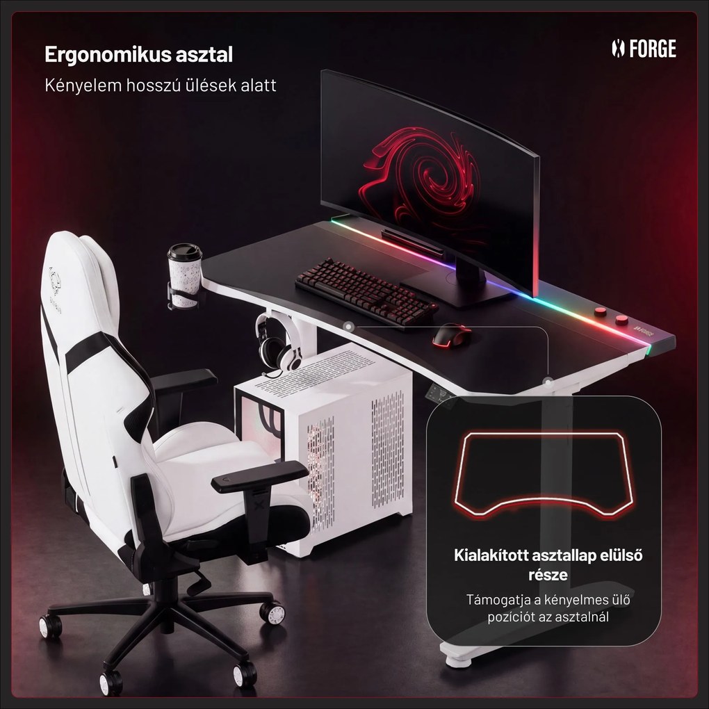 Elektromos RGB gamingasztal tartókkal, fekete-fehér, 140 cm: Diablo X-Forge 1400