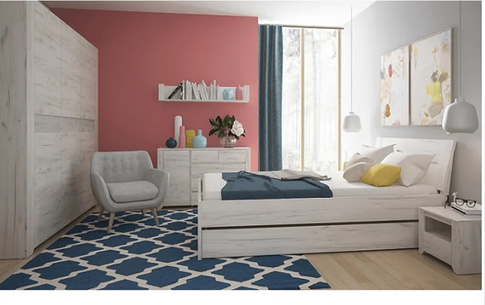 Hálószoba garnitúra, (szekrény, ágy 160x200, 2x éjjeliszekrény), fehér craft, ANGEL