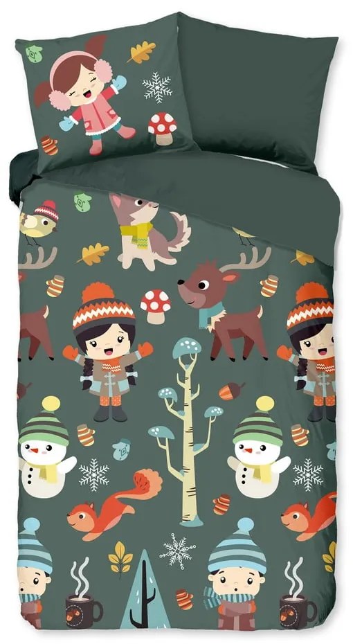 Sötétzöld egyszemélyes-hosszabbított pamut gyerek ágyneműhuzat 140x220 cm Fun – Good Morning