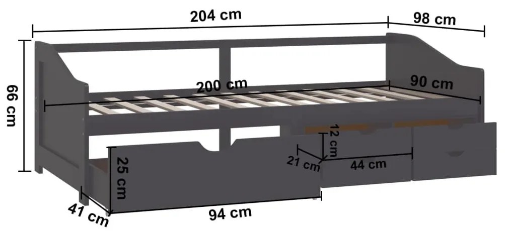 szürke 3 személyes tömör fenyőfa kanapéágy fiókokkal 90x200 cm