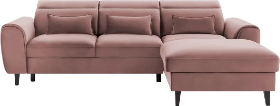 Rózsaszín bársony kinyitható-tárolóhelyes sarokkanapé (jobb oldali-heverő résszel) Foble – ELTAP