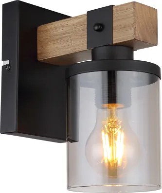 Globo 15555W Fali lámpa fém matt fekete, fa sötétbarna, füstszínű üveg, fény iránya: felfelé, SZxM: 100x225mm, Mélység: 170mm, nem tartozék: 1x E27 60W 230V