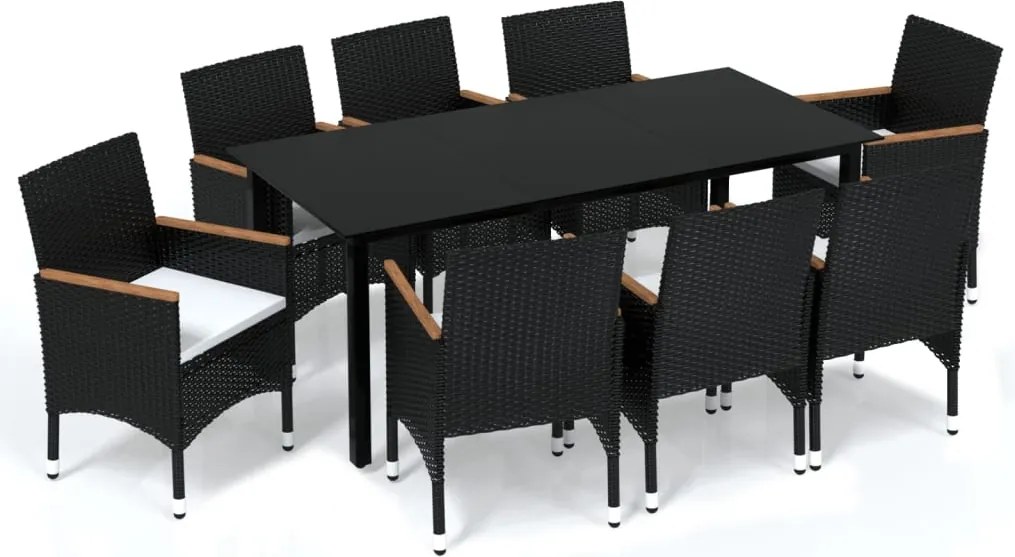 vidaXL 9 részes fekete polyrattan kerti étkezőgarnitúra párnákkal