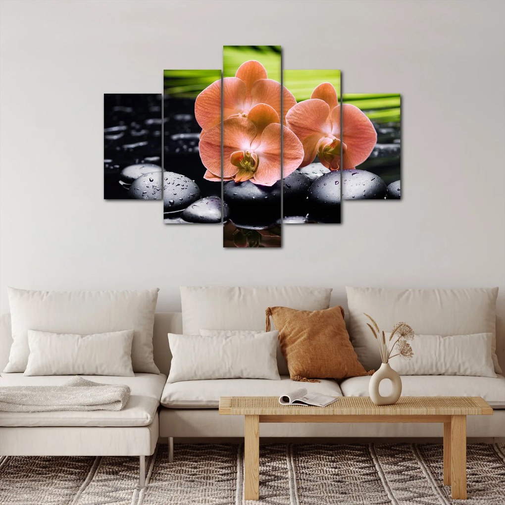 Kép - Narancssárga orchidea pálmalevelekkel (150x105 cm)