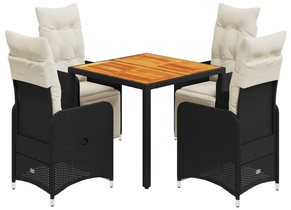 5 részes fekete polyrattan kerti bisztrógarnitúra párnákkal