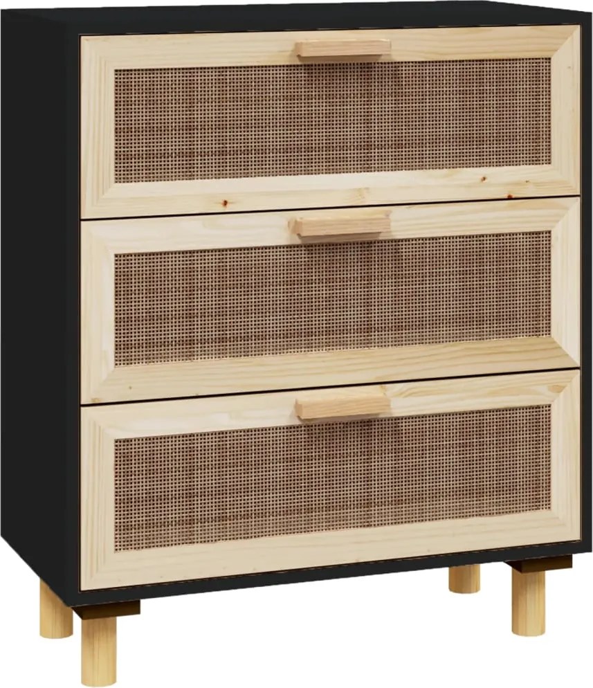 vidaXL fekete tömör fenyő/természetes rattan tálalószekrény 60x30x70cm