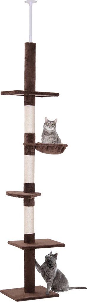 PawHut Mennyezetig Állítható Kaparófa, Stabil Macska Fa Sisal Oszlopokkal, Macska Mászófa, Barna, 40 x 34 x 230-260 cm | Aosom
