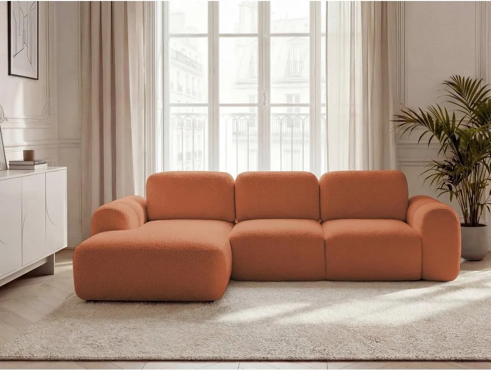 Narancssárga buklé kinyitható-tárolóhelyes sarokkanapé (bal oldali-heverő résszel) Montaigne – Bobochic Paris