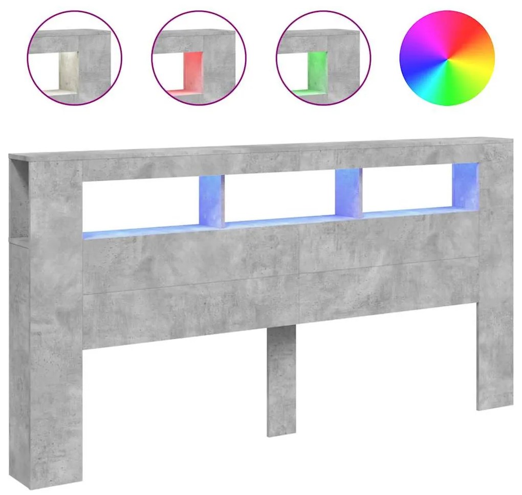 betonszürke szerelt fa LED-es fejtámla 200 x 18,5 x 103,5 cm