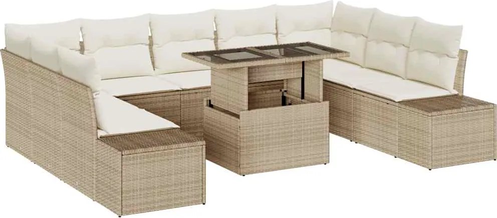 vidaXL Kerti Kanapé Szett tárolóval 10 pcs Bézs Poli rattan