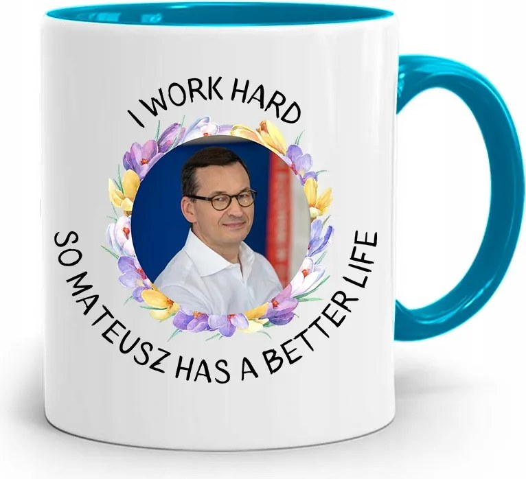 Kék Politikus Bögre Mateusz Morawiecki Miniszterelnök fényképes nyomtatással
