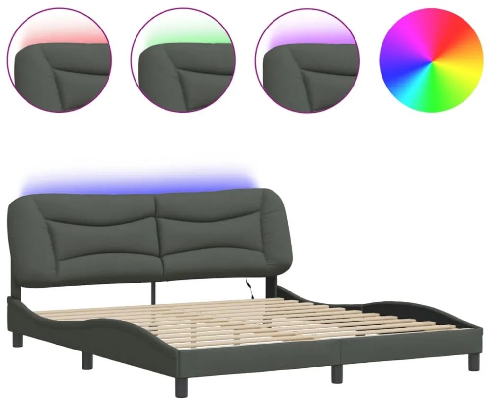 sötétszürke szövet ágykeret LED-ekkel matrac nélkül Hvar 180 x 200 cm