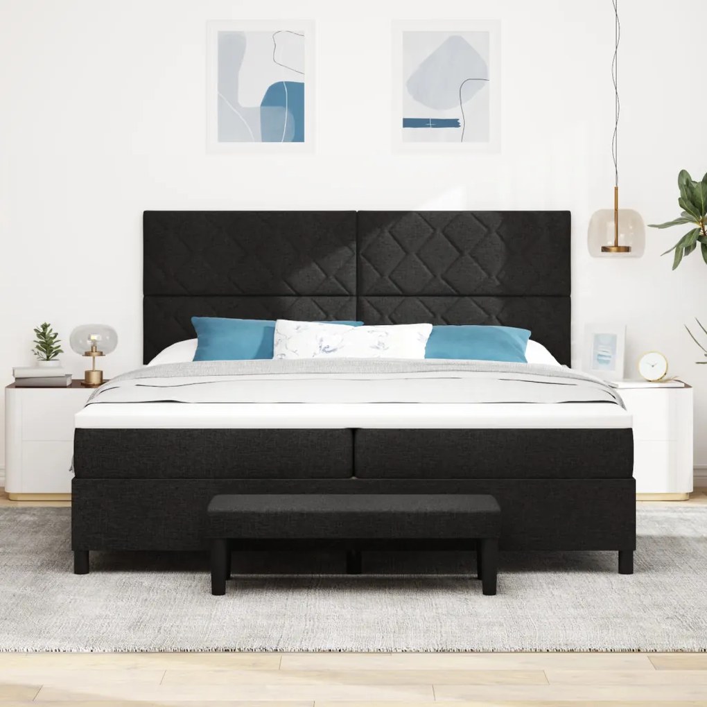 Box Spring Ágy Matraccal és Pad fekete 200x200 cm Szövet