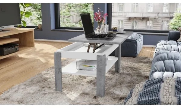 Átalakítható konferenciasztal emelhető lappal és polccal ADEN szürke beton/fehér