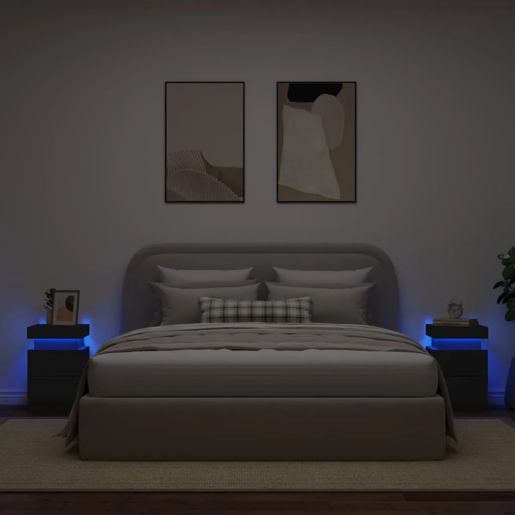 2 db fekete éjjeliszekrény LED-világítással 35 x 39 x 55 cm